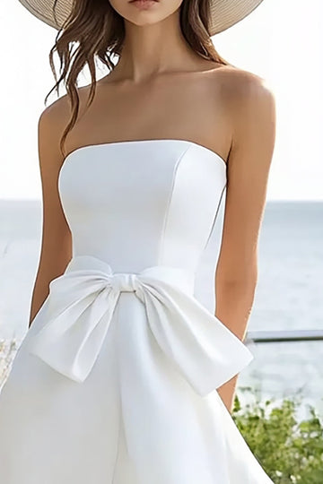 Strapless A Line White High-Low Holiday Party Dress With Bow